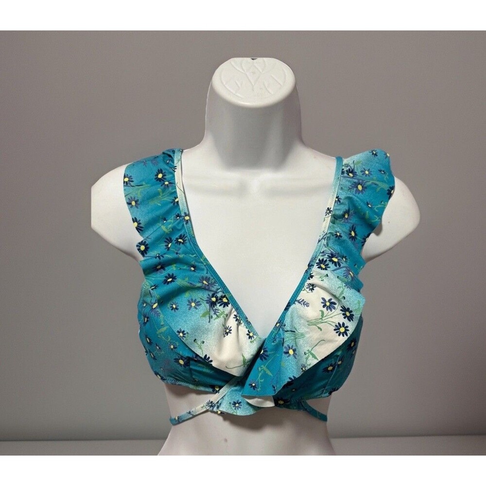 Aerie Tank Halter Swim Top Size M Blue Floral Wrap tie NWT $40! CUTE